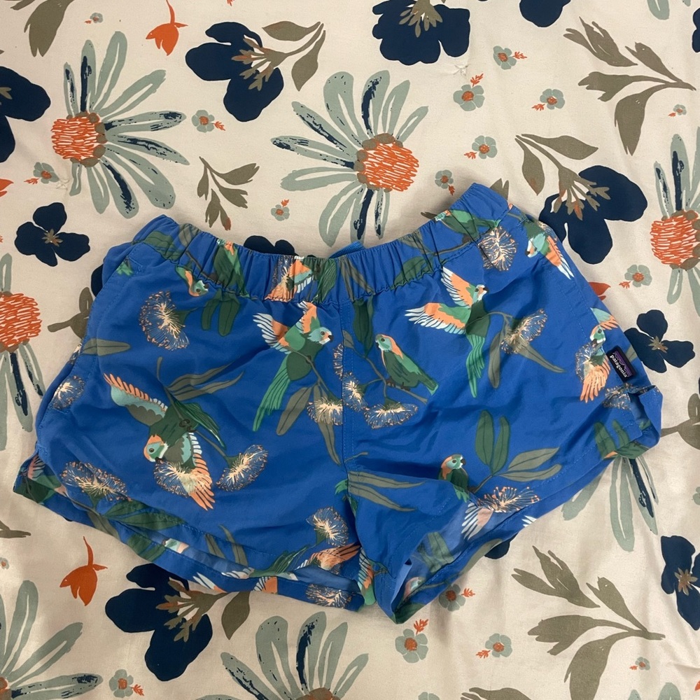 Patagonia Womens Barely Baggies Shorts Sz XS Blue Tropical Birds Floral Summer